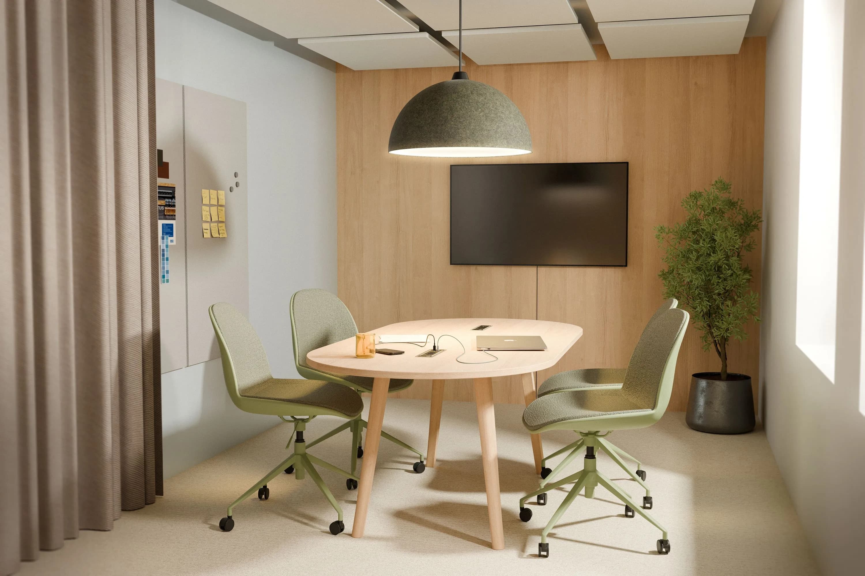 Bür Möbel, Besprechungsraum, Meeting, grüne Bürostühle, Besprechungstisch, Besprechungsmonitor, Holzelemten, Meetings für Kleingruppen, Gruppenraum