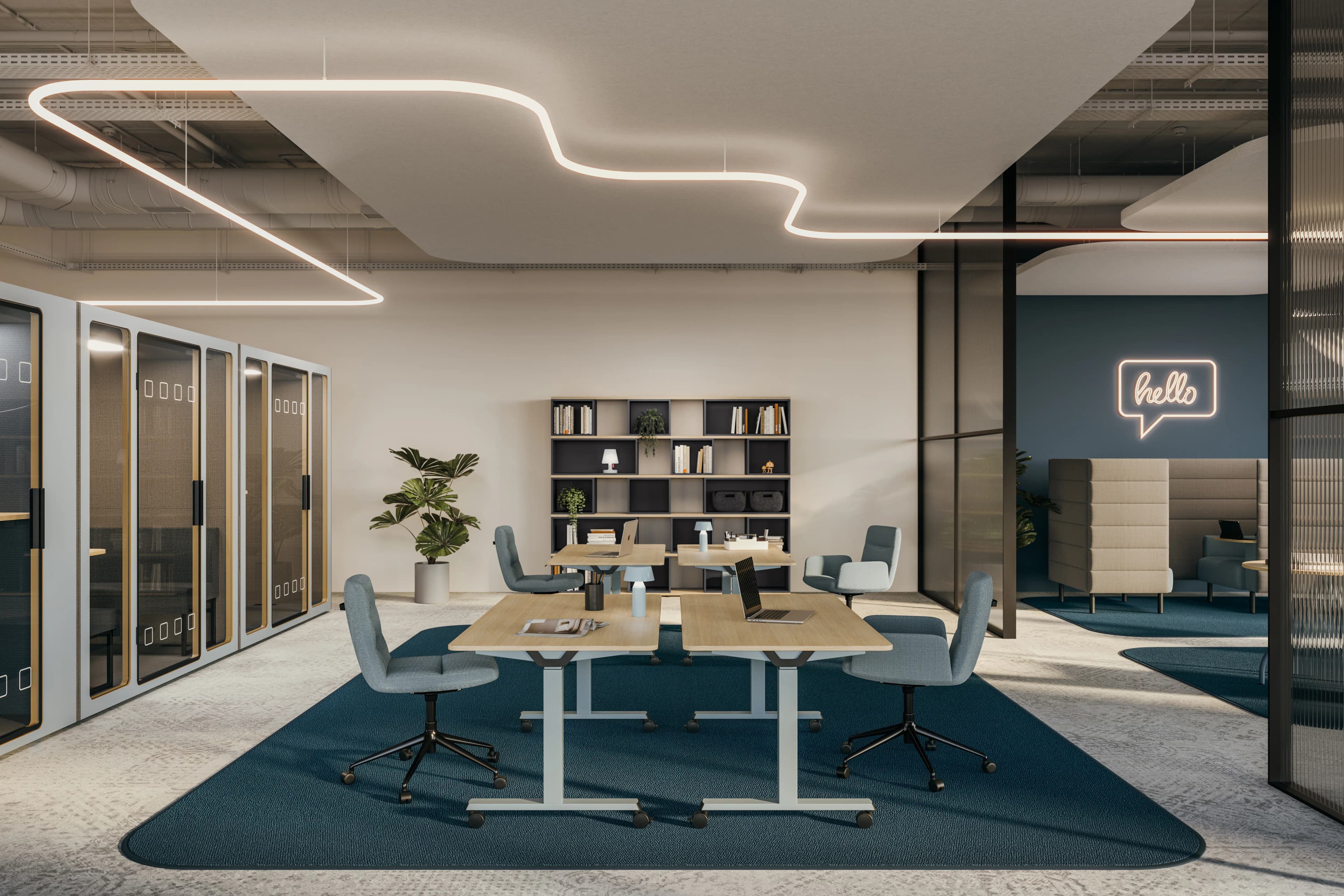 Büro Möbel, Schreibtisch mit Holzplatte, weiße Tischbeine, blauer Teppich, Bürostühle in hellblau, mehrere Arbeitsplätze, offenes Büro, Glaswände, Pflanzen, Büromöbel